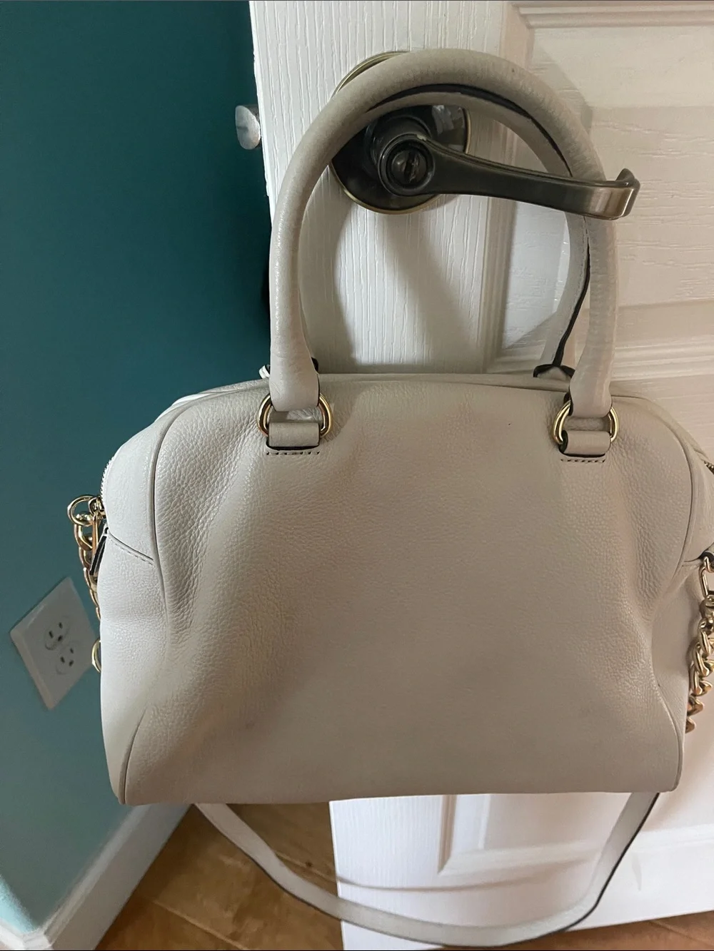 Michael Kors White Pebbled Leather Satchel with Gold Accent